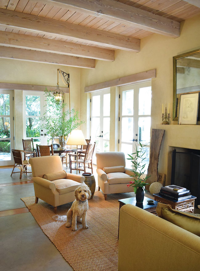 guest house with goldendoodle sitting in foreground